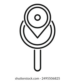 Simple line icon of a magnifying glass over a location pin point, representing the concept of searching for a place