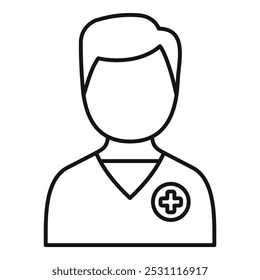 Simple line icon of a male healthcare professional wearing scrubs with a prominent cross symbol, conveying a sense of medical expertise and care