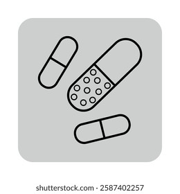 Simple line icon of medicine capsules against. Pharmaceutical care and health awareness concept