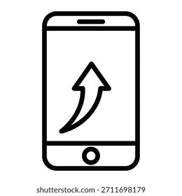 Icono de línea simple del teléfono móvil con una flecha que apunta hacia arriba, que indica el Cargar de datos, el uso compartido o el progreso.