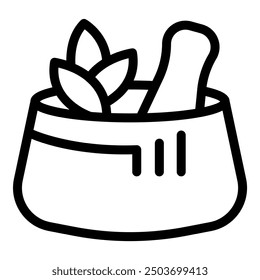 Simple line icon of a mortar and pestle with herbs, symbolizing alternative medicine and natural remedies