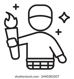 Simple line icon of Muslim man holding a torch on Eid night wearing a sarong