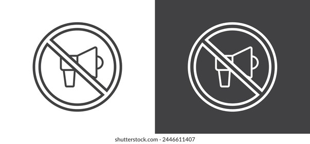 Icono de línea simple sin megáfono, Ilustración vectorial de circular tachada sin señal de tráfico con icono de sonido en el interior. No hay símbolo de bocina. Ningún icono de símbolo de sonido alto en el fondo blanco y negro.