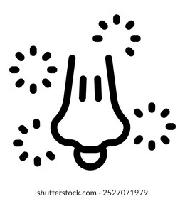 Icono de línea simple de un aroma de olor a nariz, rodeado de partículas de fragancia, que representa el sentido del olfato
