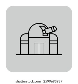 Simple line icon of observatory building with dome and telescope, symbolizing location for astronomical observations