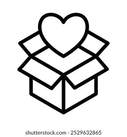 Simple line icon of an open gift box with a heart symbol, representing love, care, and giving. Perfect for holidays or special occasions. Editable stroke.