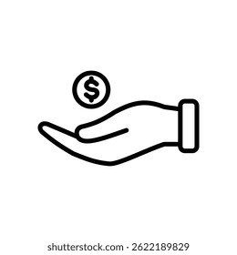 A simple line icon of an open hand receiving a coin with a dollar sign on it, suggesting receiving money or payment.