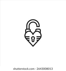 A simple line icon of an open, heart-shaped padlock with a keyhole. Represents unlocked love, security, or freedom of the heart.