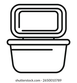 Simple line icon of an open plastic food container, ideal for representing concepts of food storage, leftovers, and meal prep