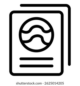 Simple line icon of a passport for space travel with a planet and water waves on it