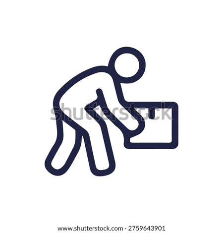 A simple line icon of a person bending their knees to lift a heavy box. Represents proper lifting technique, manual handling, and workplace safety.