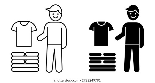 Simple line icon of a person with folded clothes. Represents laundry activity, clothing care, household routine, and daily home chores.