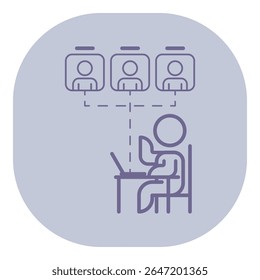 Simple line icon of person seated at desk engaging in online meeting, interacting with three other participants shown above on screens