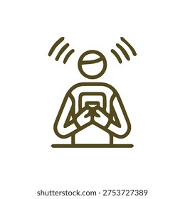 A simple line icon of a person using a mobile phone. Signal waves indicate connectivity, notifications, or digital distraction. Minimalist design.