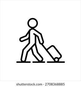 Einfaches Liniensymbol einer Person, die mit einem Koffer auf weißem Hintergrund läuft