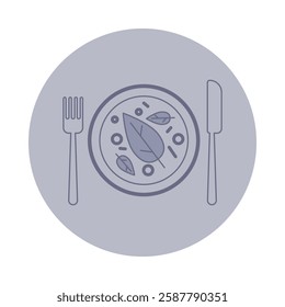 Simple line icon of plate of salad, complete with leaves, fork, and knife. Healthy eating concept
