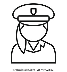 Simple line icon of a policewoman wearing a uniform cap, representing law enforcement and security