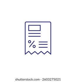 Simple line icon of a receipt with discount symbol in vector format.