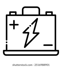 Um ícone de linha simples que representa uma bateria, um dispositivo usado para armazenar energia elétrica. O ícone apresenta uma forma retangular com uma alça, um sinal de mais, um sinal de menos e um símbolo de raio no interior 