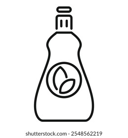Simple line icon representing a dishwashing liquid bottle with a plant based formula, for eco friendly cleaning