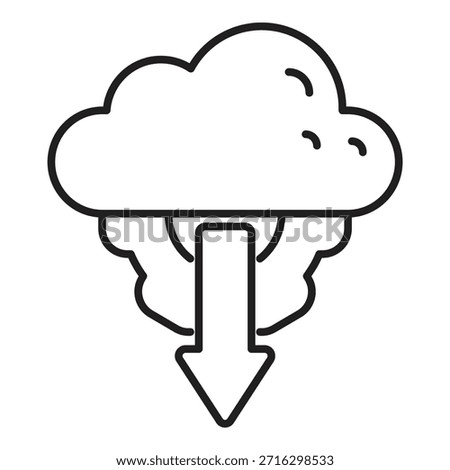 Simple line icon representing downloading data from cloud storage, with a cloud, gear and down arrow