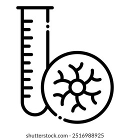 Un icono de línea simple que representa un experimento de laboratorio, con un tubo de ensayo con una escala de medición y una placa de Petri que contiene una muestra biológica, lo que sugiere investigación o análisis científicos.