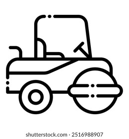 Um simples ícone de linha que representa um rolo de estrada, um veículo de construção pesado usado para compactar e alisar estradas, asfalto e outras superfícies.