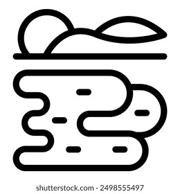 Simple line icon of a river flowing through a beautiful landscape with sun and hills
