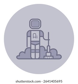 Simple line icon of robot with rounded helmet and AI symbol, standing among clouds while holding cleaning tool. Innovation in environmental care concept