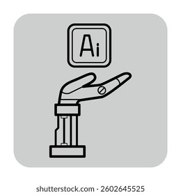 Simple line icon of robotic hand extended upwards, grasping square sign with letters AI. Integration of technology and artificial intelligence concept