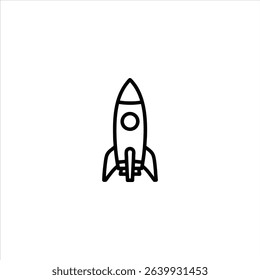 A simple line icon of a rocket ship pointing upwards. Monochrome symbol for space exploration and startups, isolated on a white background.