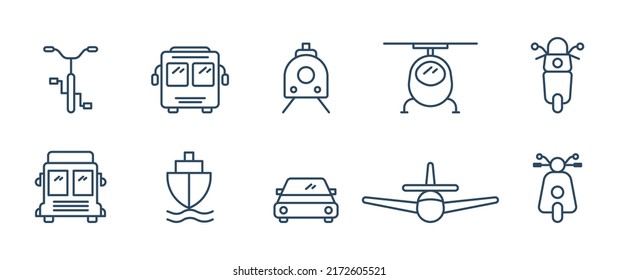 Simple Line Icon Set Front Face of Transportations, vehicle, bus, bicycle, motorbike, plane and much more. Editable Stroke. Let's make your design easier.