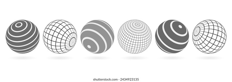 simple line of icon set. globe grid. wire frame planets. white background. globe icons. 3d object concept.
