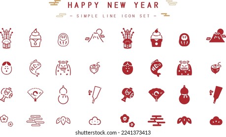 Simple line icon set with Japanese New Year motif (red)