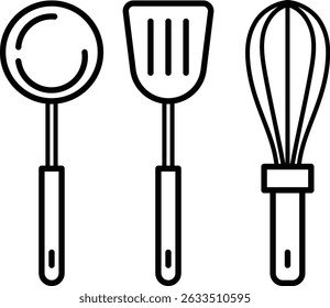 Simples conjunto de ícones de linha de utensílios de cozinha, incluindo concha, espátula, e batedor sobre fundo branco, ilustração vetor mínima e limpa