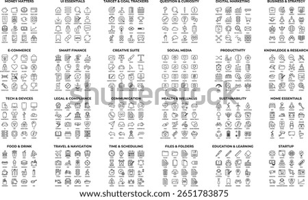 Simple line icon set money, UI, business, e-commerce, social media, productivity, legal, tech, food, travel, education, sustainability 