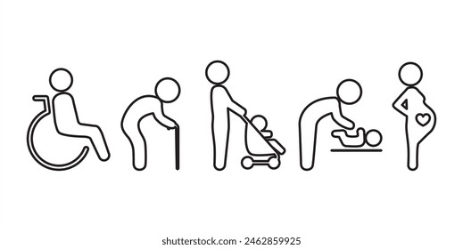 Simple line icon set of Priority Seat, Human  signs. Priority symbols for Disabled passenger: Elderly passenger, Pregnant, Old man, Woman with infant child and baby wheelchair, Vector transparent.