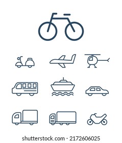 Simple Line Icon Set Side Face of Transportations, vehicle, bus, bicycle, motorbike, plane and much more. Editable Stroke. Let's make your design easier.