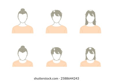 Simple line icon set of a woman with thinning hair seen from the front