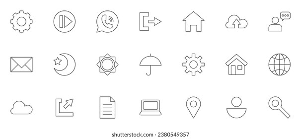einfache Linie des Symbolblattes. Wetter, Geschäftswelt, Haus, Mensch und mehr. bearbeitbarer Strichsatz. Vektorgrafik.