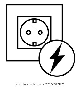 Simple line icon showing an electrical wall socket combined with an energy lightning symbol, representing power supply, charging, and electricity usage concepts.