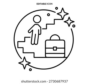 A simple line icon showing a figure ascending steps with a briefcase, symbolizing career progression.