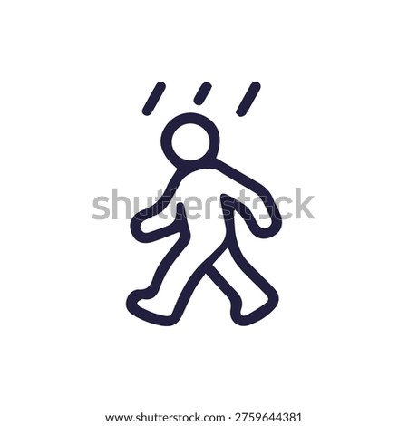 A simple line icon showing a person walking in the rain. This vector graphic is a symbol for rainy weather, precipitation, or a weather forecast.