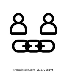 Simple line icon showing two abstract human figures connected by a chain of three links. Symbolizes strong connection, unbreakable bonds, teamwork, or established relationships in business or social c