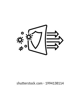 Simple line icon showing virus protection. Air filter effect. Antibacterial, dust, solid particle filtration and ventilation technology.