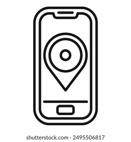 Simple line icon of a smartphone displaying a location pin, representing gps tracking and navigation
