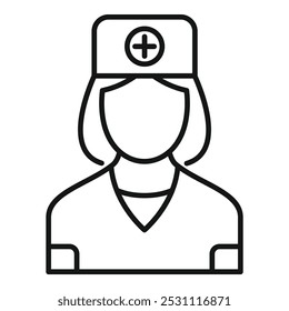 Simple line icon style drawing of a female healthcare professional wearing scrubs and a nurse hat with a medical cross on it