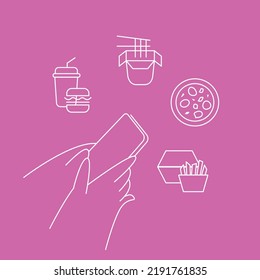 Simple line icon style online food delivery. Hand holding mobile phone. Business and marketing concept mockup vector isolated illustration. People using internet. Sushi, burger, pizza, wok, coffee