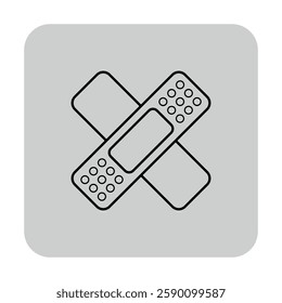 Simple line icon of two band-aids crossed over each other, representing health care and first aid. Medical assistance and injury care concept