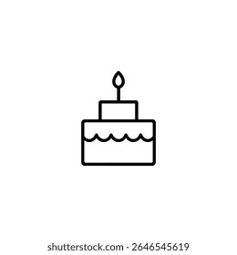 A simple line icon of a two-tiered birthday cake topped with a single lit candle. Minimalist vector for celebrations.